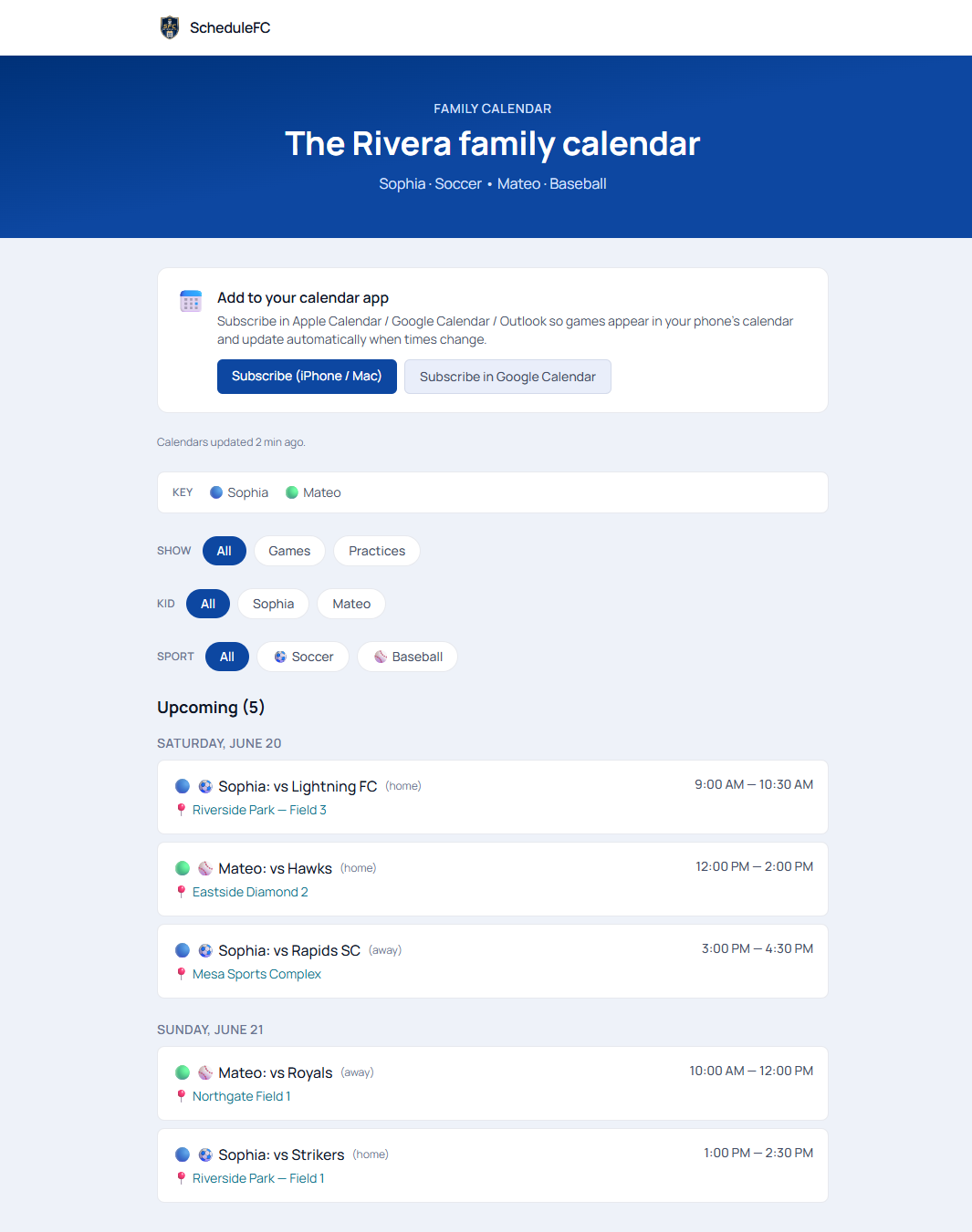 A family calendar page showing several kids' games across different sports, color-coded per kid